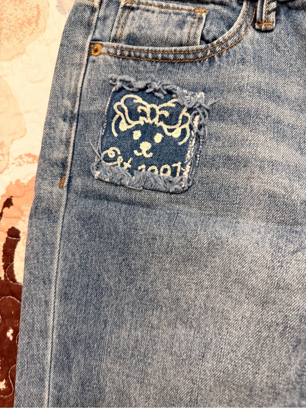 Women’s Light Blue Distressed Straight-Leg Teenie Weenie Bear Jeans